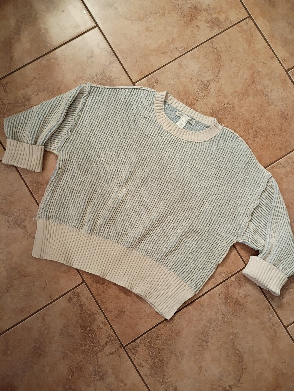 Altar'd State Two-Tone Ribbed Crewneck Sweater - Cream & Light Blue